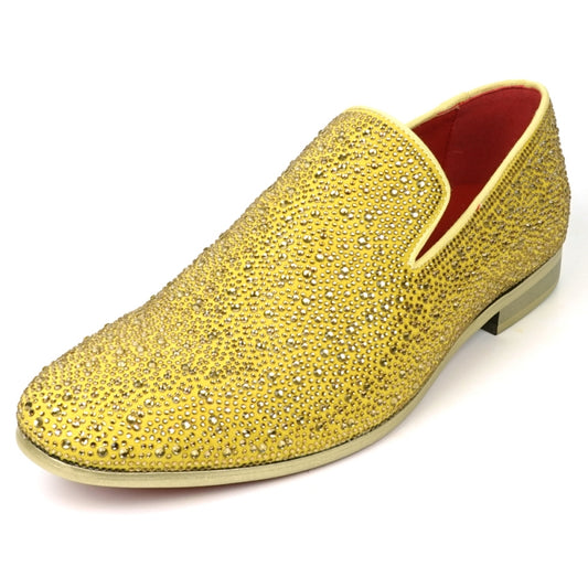 The FI-7525 Gold Suede Slip-on Loafer by Fiesso is a dazzling masterpiece, adorned with gold rhinestones and featuring a bold red interior lining.