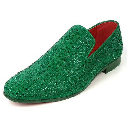 The FI-7525 Slip on Loafer by Fiesso, crafted from green suede and decorated with small sparkling rhinestones, boasts a striking red interior lining.