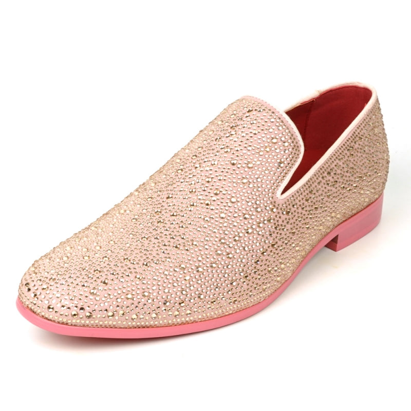 FI-7525 Pink Suede slip-on loafer by Fiesso, embellished with pink rhinestones and featuring a vibrant red interior.