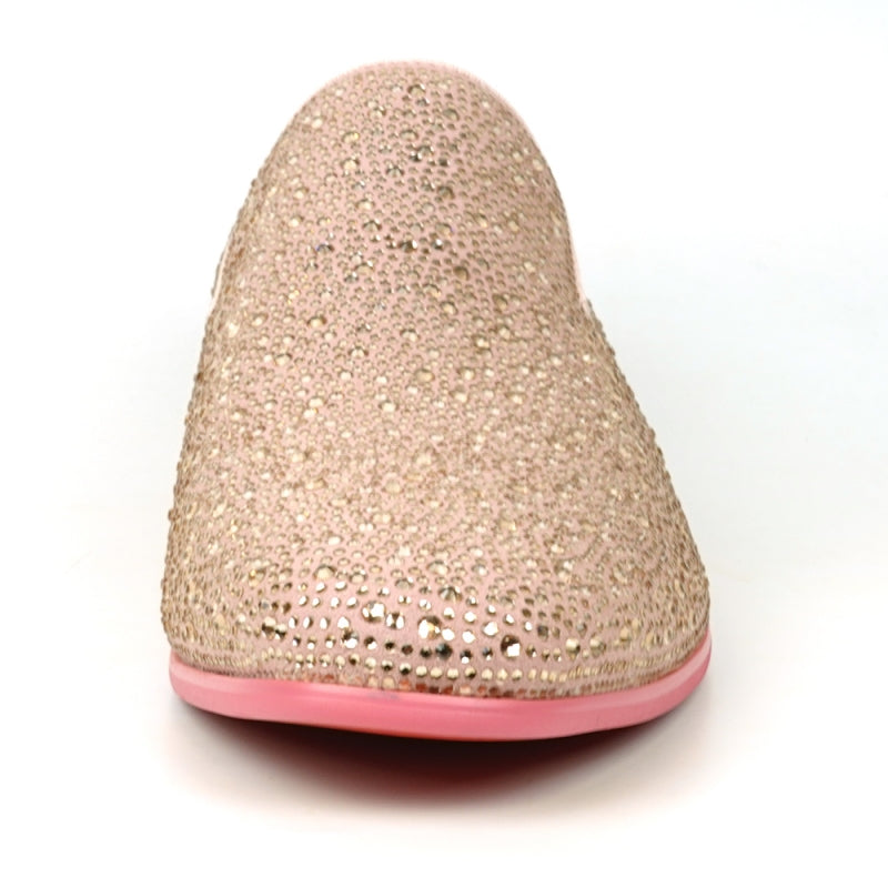 FI-7525 Pink Suede slip-on loafer by Fiesso, embellished with pink rhinestones and featuring a vibrant red interior.