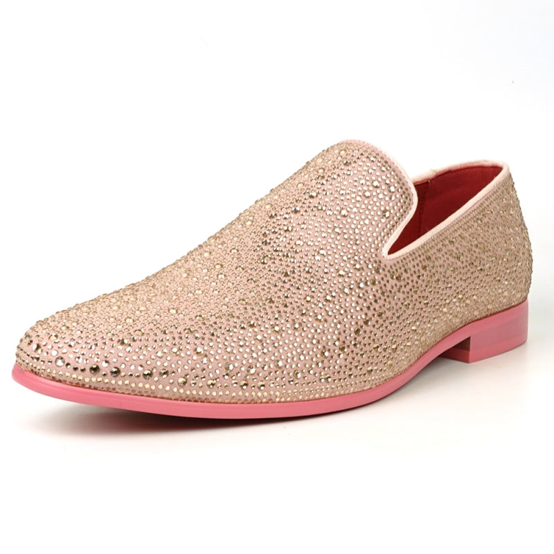 FI-7525 Pink Suede slip-on loafer by Fiesso, embellished with pink rhinestones and featuring a vibrant red interior.