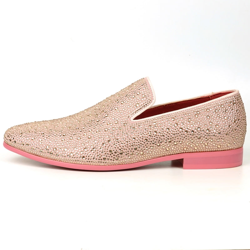 FI-7525 Pink Suede slip-on loafer by Fiesso, embellished with pink rhinestones and featuring a vibrant red interior.