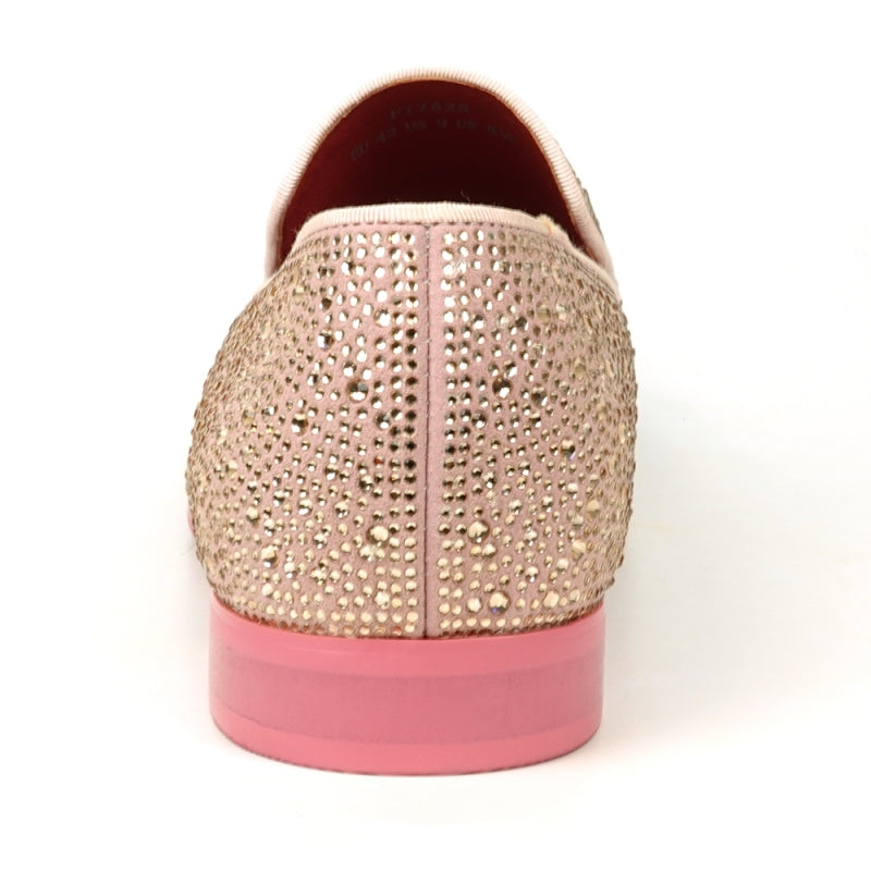 FI-7525 Pink Suede slip-on loafer by Fiesso, embellished with pink rhinestones and featuring a vibrant red interior.