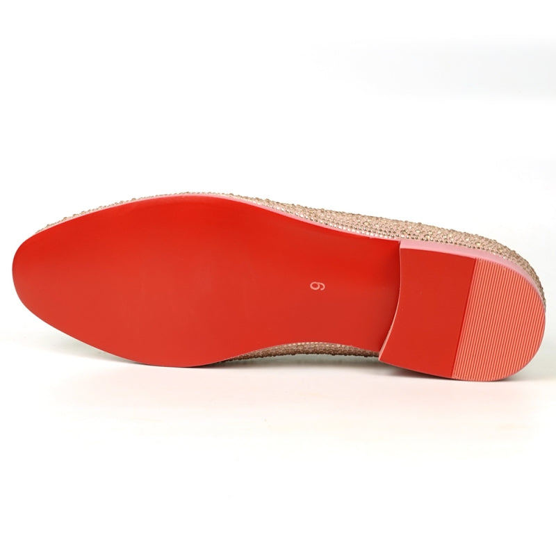 FI-7525 Pink Suede slip-on loafer by Fiesso, embellished with pink rhinestones and featuring a vibrant red interior.