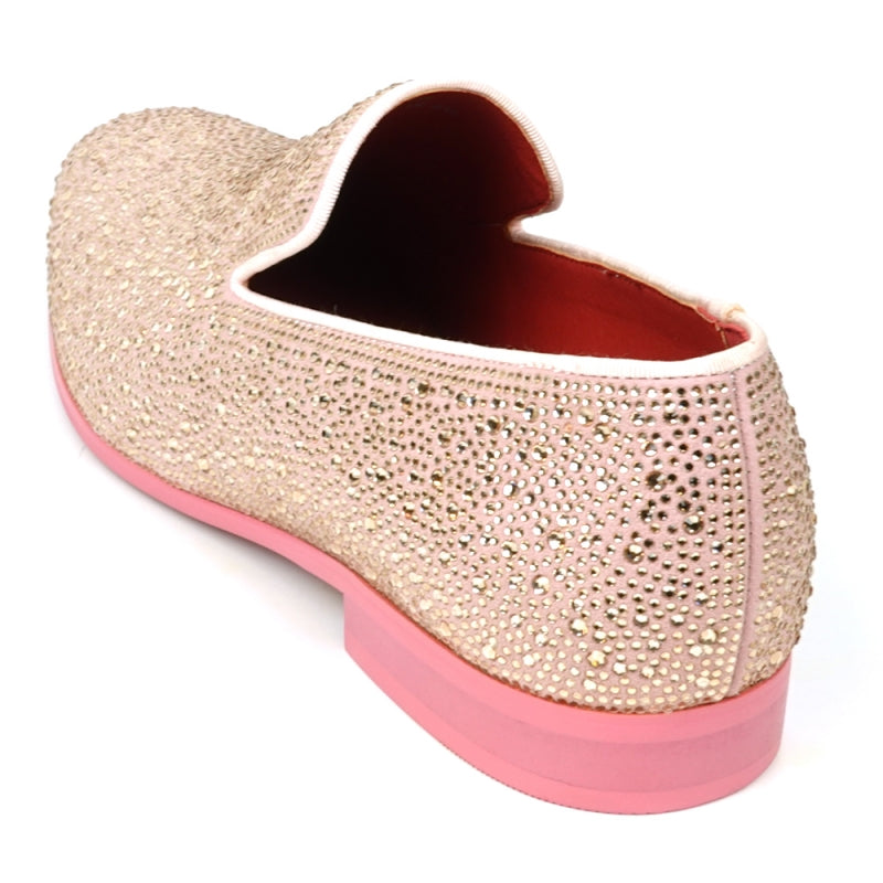 FI-7525 Pink Suede slip-on loafer by Fiesso, embellished with pink rhinestones and featuring a vibrant red interior.