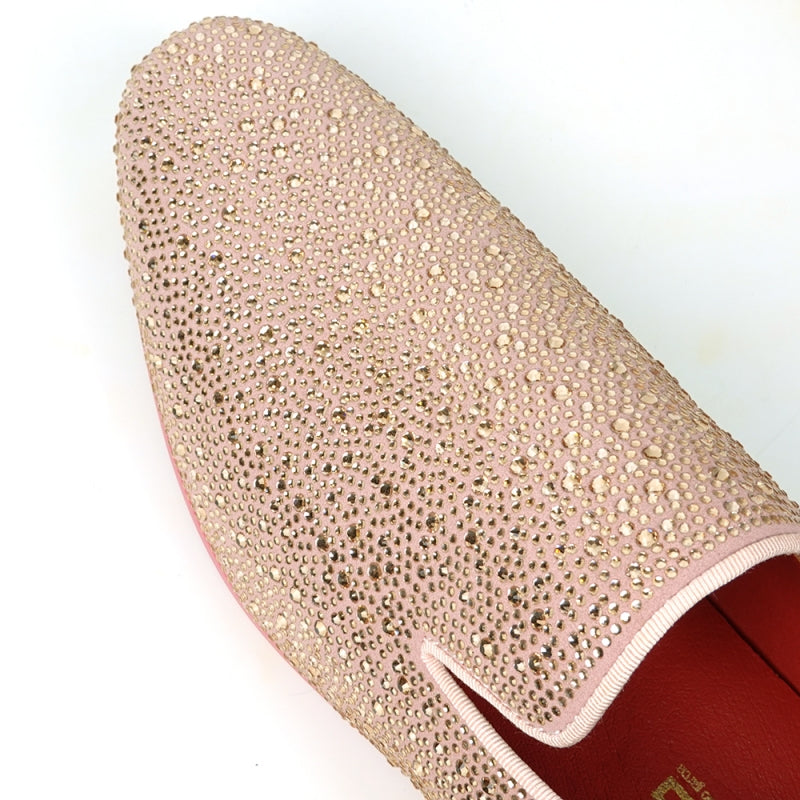 FI-7525 Pink Suede slip-on loafer by Fiesso, embellished with pink rhinestones and featuring a vibrant red interior.