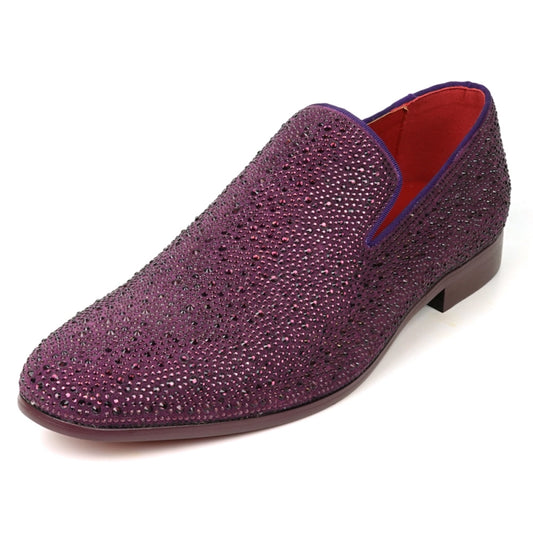 Introducing the Fiesso FI-7525 Purple Suede Slip-on Loafer by Aurelio Garcia, featuring purple rhinestones and a low heel with a striking red interior—ideal for those who dare to stand out in men's dress shoes.