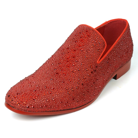 The FI-7525 Red Suede Red Rhinestones Slip-on Loafer by Fiesso is elegantly embellished with shiny rhinestones, making it perfect for adding a touch of sparkle.