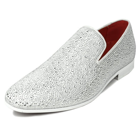 Fiesso introduces the FI-7525 White Suede Slip-On Loafer by Aurelio Garcia, embellished with dazzling white rhinestones and complemented by a bold red interior lining.