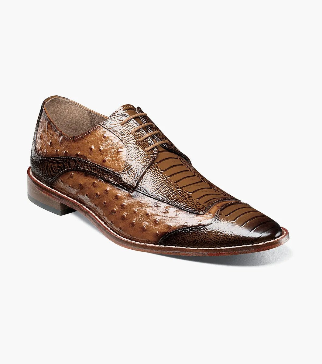 The Stacy Adams - FANELLI Modified Wingtip Oxford in Tan (25536-240) is a classic dress shoe featuring a textured design with laces, a low heel, polished finish, and outstanding arch support.