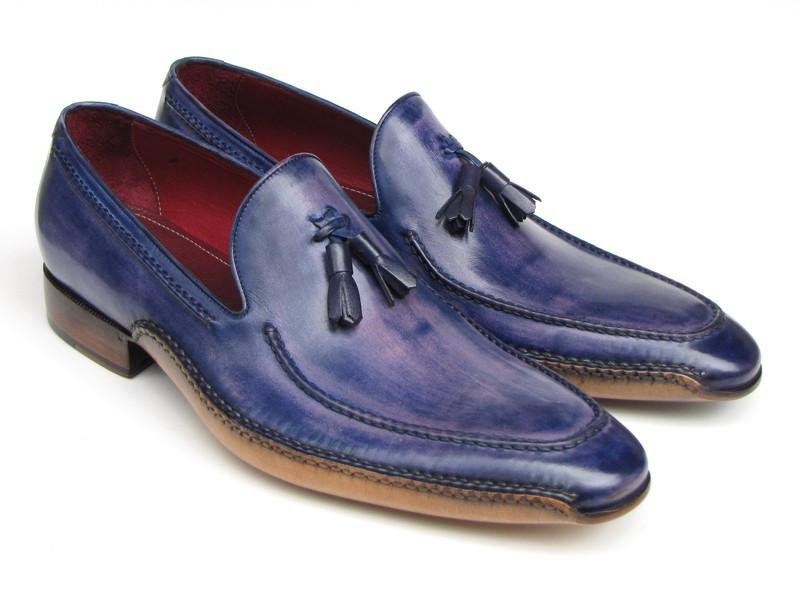 Paul Parkman presents the Side Handsewn Tassel Loafer in Blue & Purple (model 082-BLU-PURP), featuring handcrafted blue leather and wooden soles, elegantly displayed against a white background.