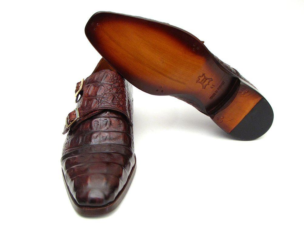 The Paul Parkman Double Monkstraps Brown & Bordeaux Crocodile Embossed Calfskin - 045FG12 shoes are handmade and feature elegant silver buckles.