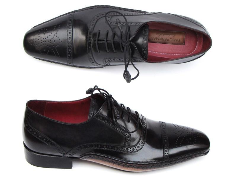 A pair of Paul Parkman Captoe Oxfords Black Shoes - 5032-BLK, featuring a handmade design in black leather with intricate detailing and a striking red inner lining, displayed side by side.