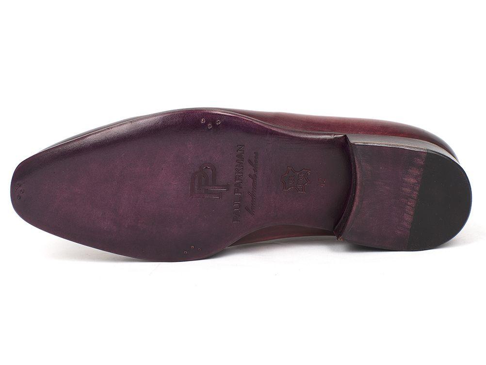 Paul Parkman Burgundy Wholecut Plain Toe Oxfords - DS65BUR from Paul Parkman are a pair of burgundy leather oxfords with tan laces, showcasing a sleek design, visible stitching, and a hand-painted calfskin finish for an added touch of elegance.