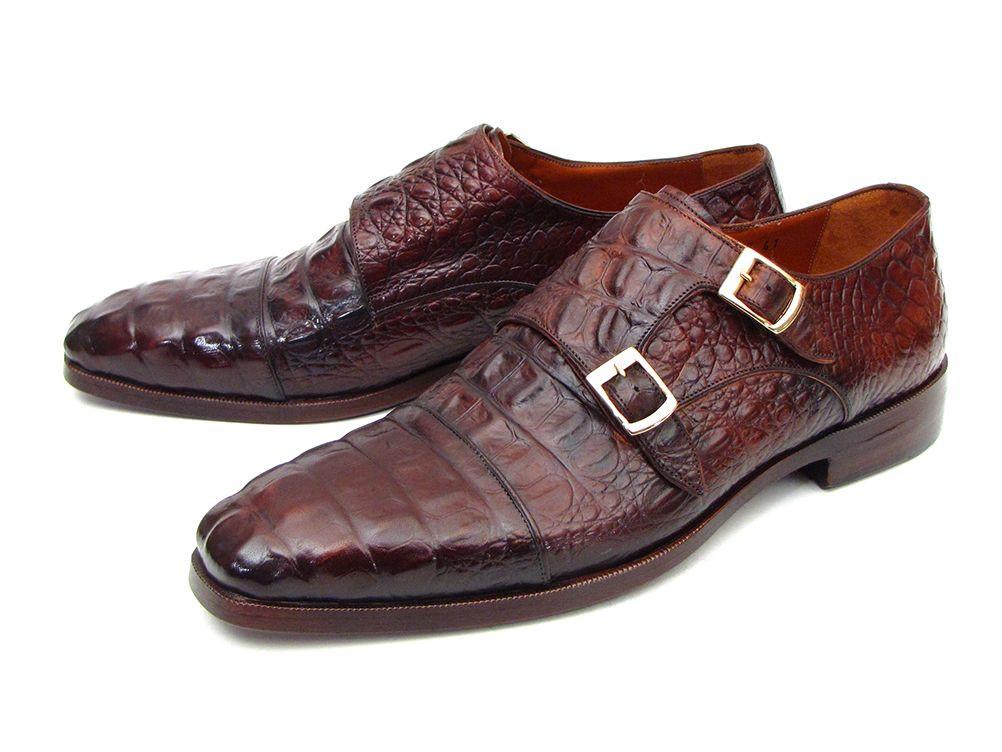 The Paul Parkman Double Monkstraps Brown & Bordeaux Crocodile Embossed Calfskin - 045FG12 shoes are handmade and feature elegant silver buckles.