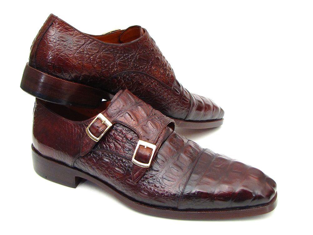 The Paul Parkman Double Monkstraps Brown & Bordeaux Crocodile Embossed Calfskin - 045FG12 shoes are handmade and feature elegant silver buckles.