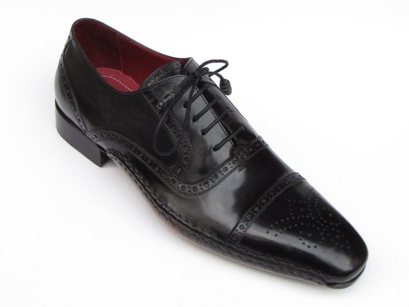 A pair of Paul Parkman Captoe Oxfords Black Shoes - 5032-BLK, featuring a handmade design in black leather with intricate detailing and a striking red inner lining, displayed side by side.