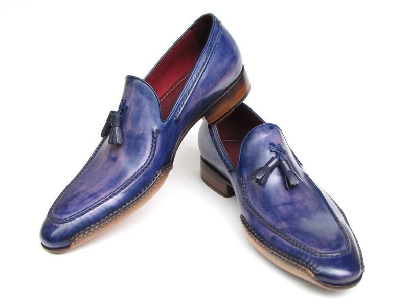 Paul Parkman presents the Side Handsewn Tassel Loafer in Blue & Purple (model 082-BLU-PURP), featuring handcrafted blue leather and wooden soles, elegantly displayed against a white background.