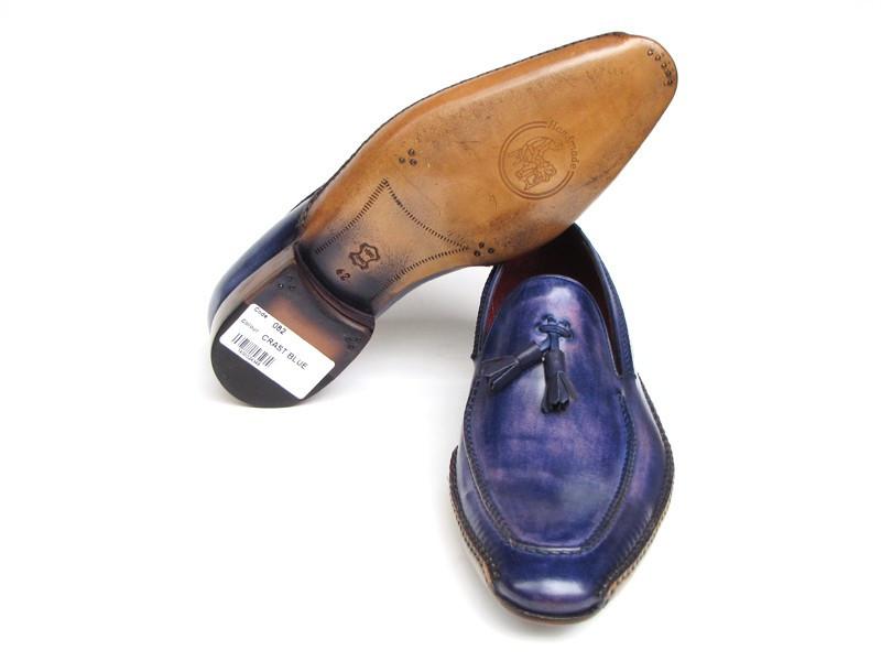 Paul Parkman presents the Side Handsewn Tassel Loafer in Blue & Purple (model 082-BLU-PURP), featuring handcrafted blue leather and wooden soles, elegantly displayed against a white background.