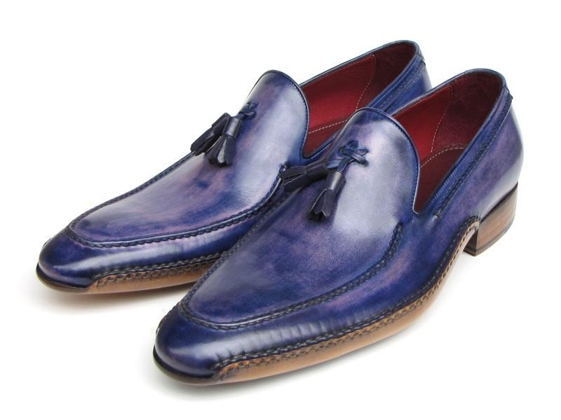 Paul Parkman presents the Side Handsewn Tassel Loafer in Blue & Purple (model 082-BLU-PURP), featuring handcrafted blue leather and wooden soles, elegantly displayed against a white background.