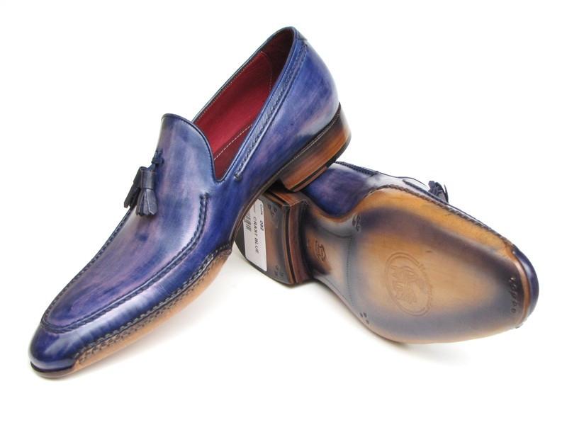 Paul Parkman presents the Side Handsewn Tassel Loafer in Blue & Purple (model 082-BLU-PURP), featuring handcrafted blue leather and wooden soles, elegantly displayed against a white background.