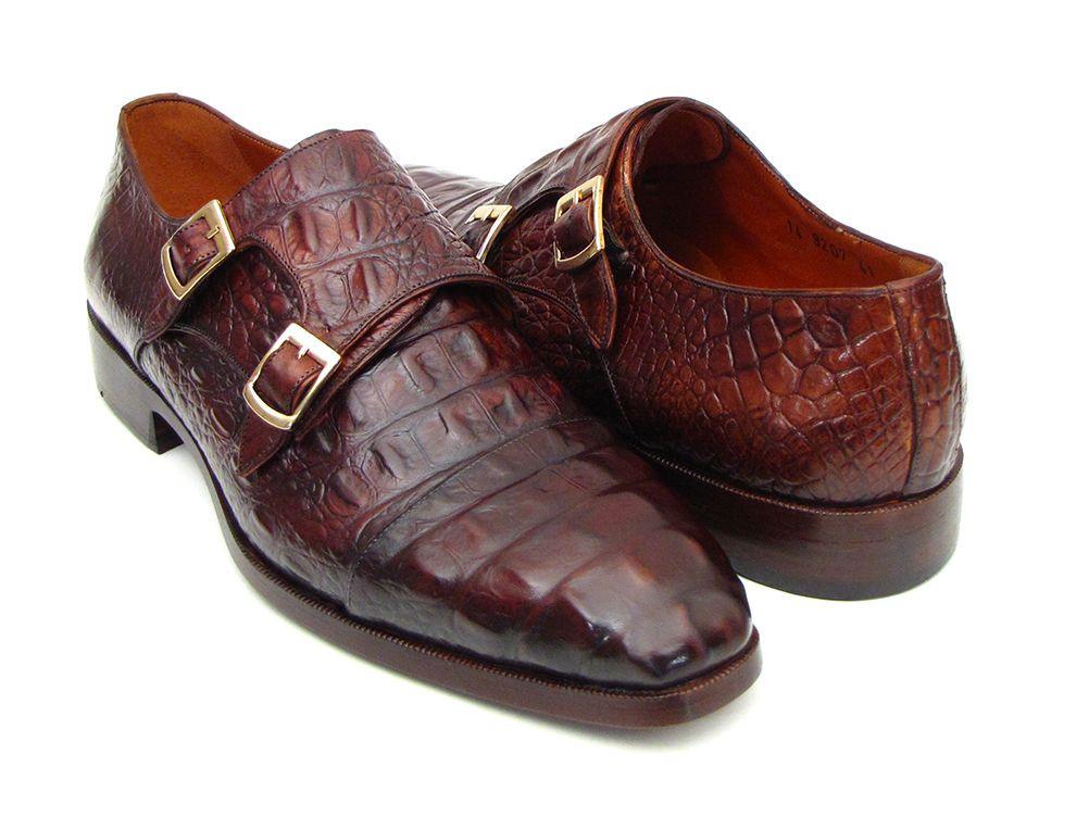 The Paul Parkman Double Monkstraps Brown & Bordeaux Crocodile Embossed Calfskin - 045FG12 shoes are handmade and feature elegant silver buckles.