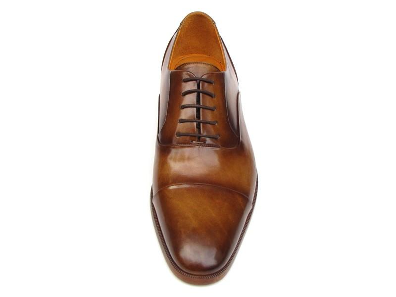 Introducing the Paul Parkman Captoe Oxfords in Brown Leather, model 074-CML—a pair of exquisitely handmade men's dress shoes in a classic oxford captoe style, displayed from both top and side angles. Crafted by renowned brand Paul Parkman, these shoes boast elegant brown leather finishes and tasteful laces.