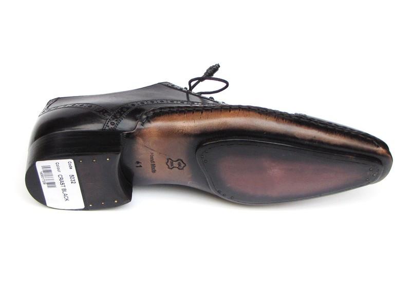 A pair of Paul Parkman Captoe Oxfords Black Shoes - 5032-BLK, featuring a handmade design in black leather with intricate detailing and a striking red inner lining, displayed side by side.