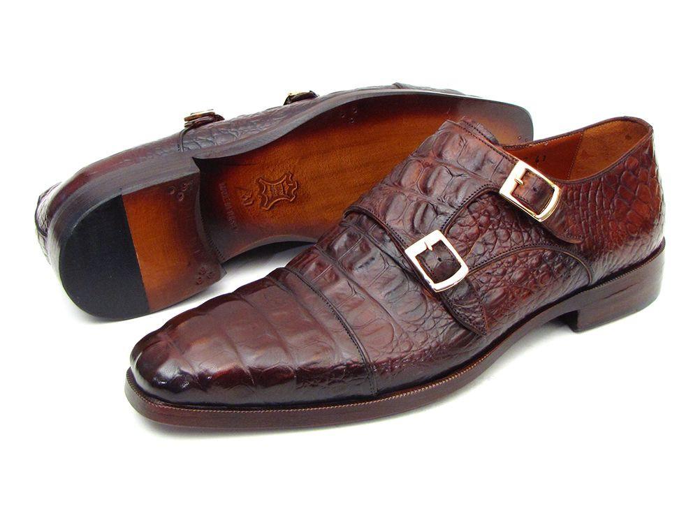 The Paul Parkman Double Monkstraps Brown & Bordeaux Crocodile Embossed Calfskin - 045FG12 shoes are handmade and feature elegant silver buckles.