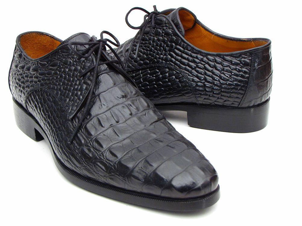 Paul Parkman Black Crocodile Embossed Calfskin Derby Shoes - 1438BLK