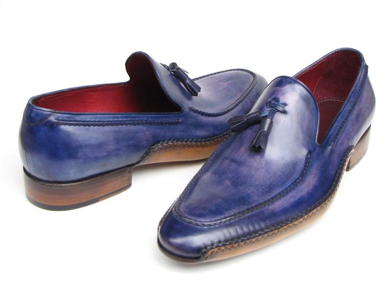 Paul Parkman presents the Side Handsewn Tassel Loafer in Blue & Purple (model 082-BLU-PURP), featuring handcrafted blue leather and wooden soles, elegantly displayed against a white background.