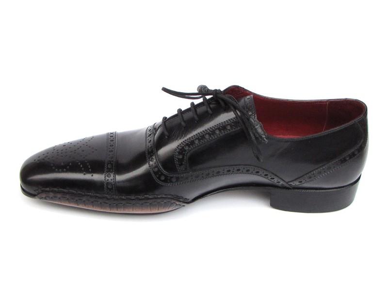 A pair of Paul Parkman Captoe Oxfords Black Shoes - 5032-BLK, featuring a handmade design in black leather with intricate detailing and a striking red inner lining, displayed side by side.