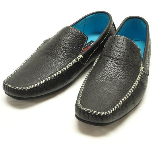 Black Fiesso By Aurelio Garcia loafers, crafted by the brand Fiesso, featuring a leather upper with elegant white stitching and a stylish blue interior lining. These fashionable shoes are designed with a cushioned insole for enhanced comfort.