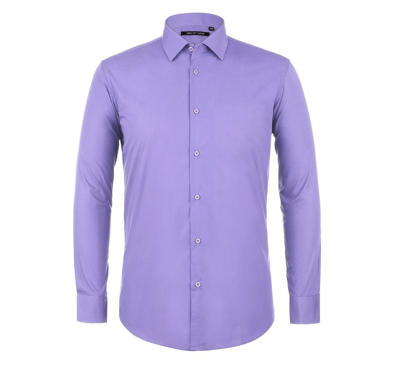 The Renoir VERNO Lavender Dress Shirt, model TC624, offers a Classic/Regular Fit and features long sleeves with a spread collar and button cuffs. A detailed close-up accentuates the fabric texture, making it perfect for formal attire.