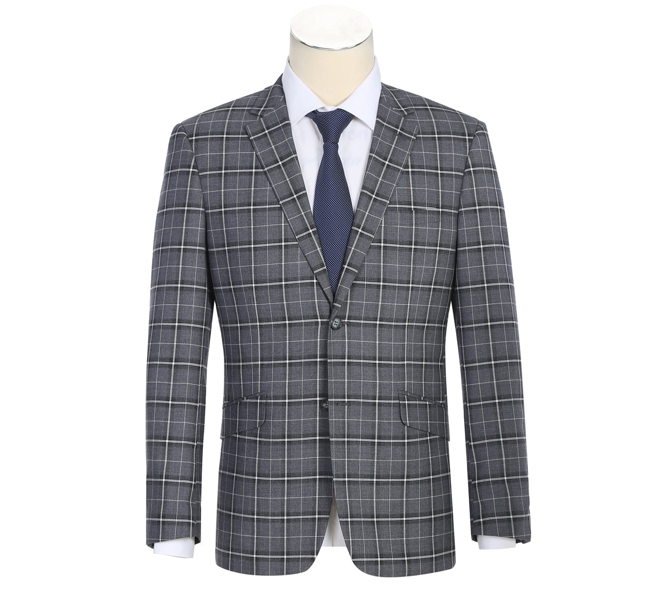 The Alessandro Vitello by Renoir Grey Classic Fit Single Breasted Check Suit 293-14 features a sophisticated gray plaid blazer with a sleek notch lapel, two-button closure, and two front pockets, set against a plain white background.