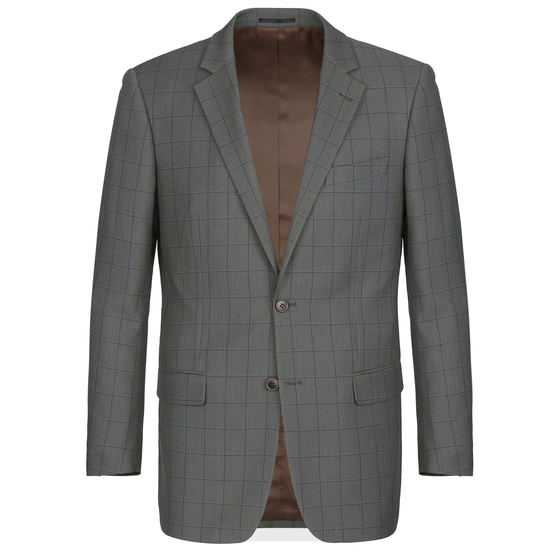 The "Alessandro Vitello by Renoir Two Piece Classic Fit Windowpane Check Dress Suit 292-2" is showcased flat on a white backdrop, highlighting its modern check pattern. This gray suit from Renoir includes a buttoned blazer with a notched lapel and brown inner lining, complemented by matching trousers.