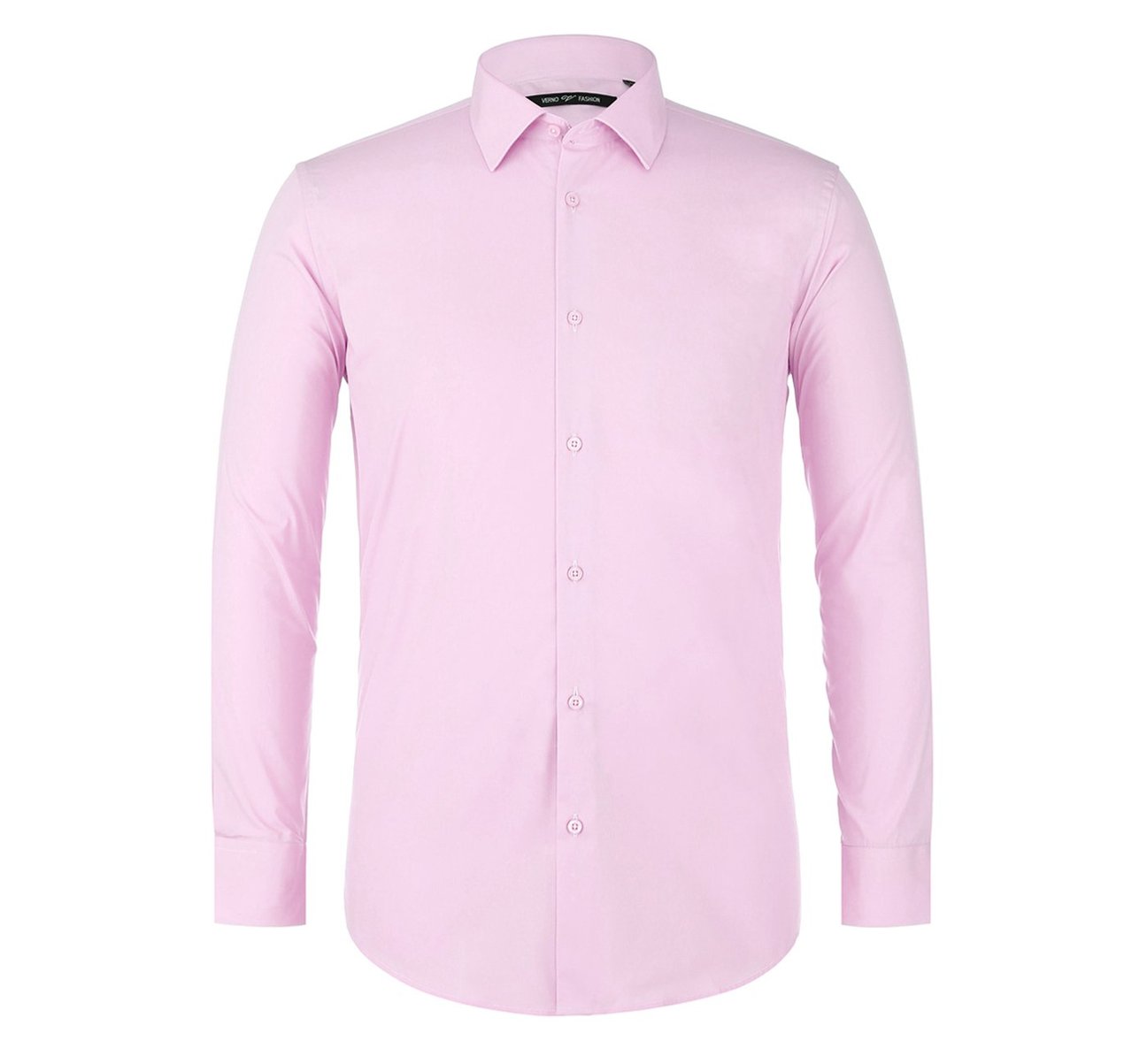 The Renoir VERNO Pink Classic/Regular Fit Long Sleeve Spread Collar Dress Shirt TC647 is neatly folded, exemplifying formal clothing elegance. A close-up circle highlights the fine texture of the fabric.