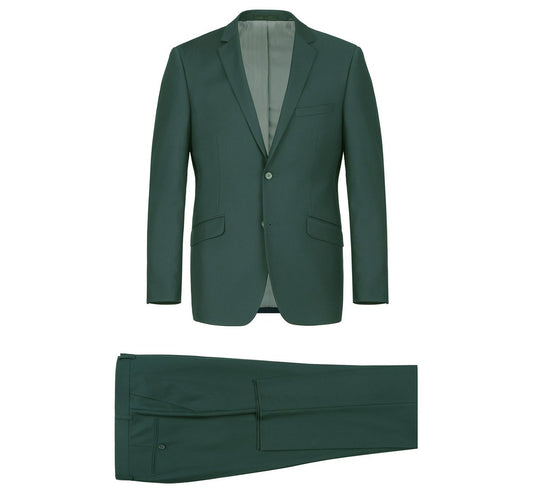 The Alessandro Vitello by Renoir presents a men's green slim fit suit, featuring a single-breasted blazer with notch lapels and matching trousers, displayed on a plain white background.