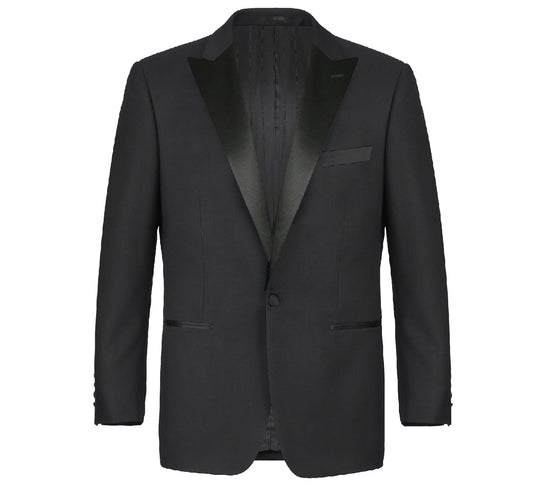 The Renoir Alessandro Vitello Slim Fit Black Tuxedo, featuring satin peak lapels, front pockets, and buttoned cuffs, is perfect for black tie events and elegantly stands out on a plain background.