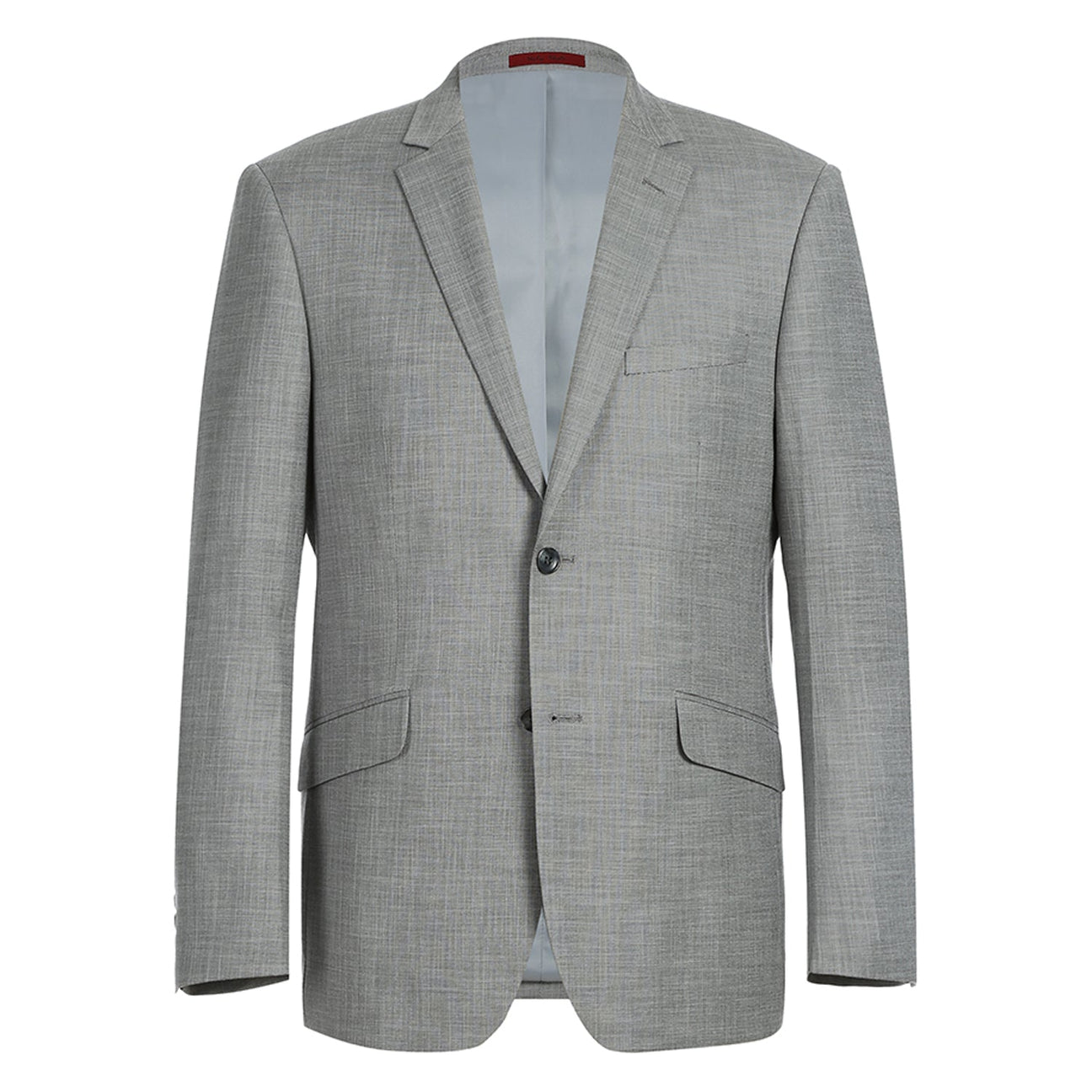 The Alessandro Vitello by Renoir Gray Slim Fit Suit, model number 293-17, is crafted from polyester and showcases a light texture. This suit jacket includes two buttons, stylish notched lapels, and two front pockets for a classic look.