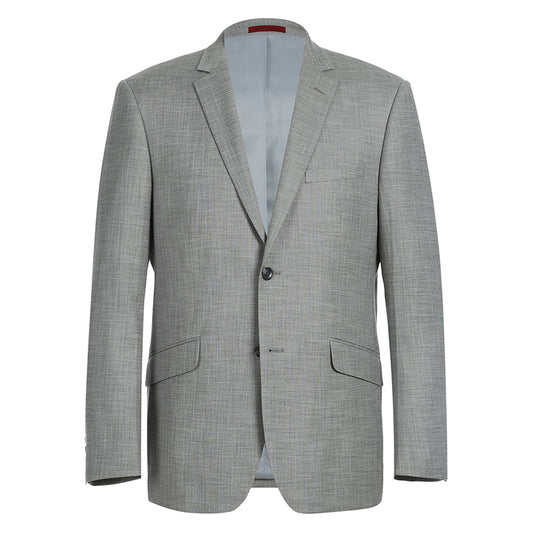 The Alessandro Vitello by Renoir Gray Slim Fit Suit, model number 293-17, is crafted from polyester and showcases a light texture. This suit jacket includes two buttons, stylish notched lapels, and two front pockets for a classic look.