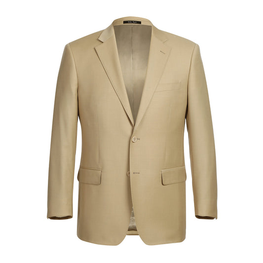 Alessandro Vitello by Renoir tan wool blazer featuring a notch lapel, classic fit, two buttons, and front pockets, displayed against a white background.