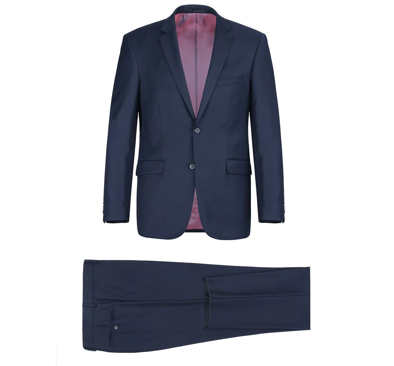 Introducing the Alessandro Vitello by Renoir, a navy 2-piece slim fit suit crafted from 100% wool. This sophisticated ensemble features a notch lapel with a two-button blazer and matching pants. Its twill weave offers an elegant texture, complemented by a stylish pink interior lining for added contrast.