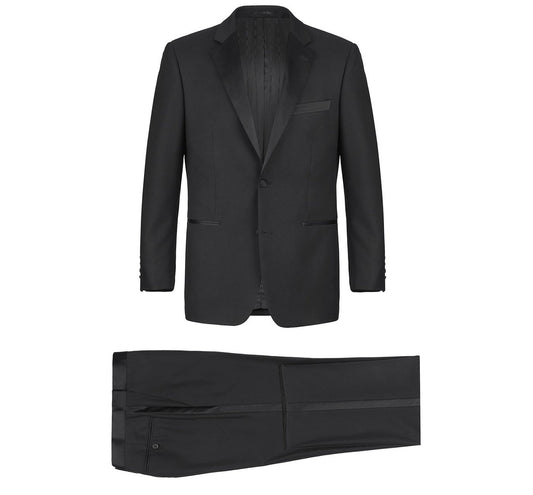 The Alessandro Vitello by Renoir Satin Slim Fit Notched Lapel 2-Piece Tuxedo Suit RI201-1, made from a polyester and viscose-blend for a tailored fit, is shown against a white background.