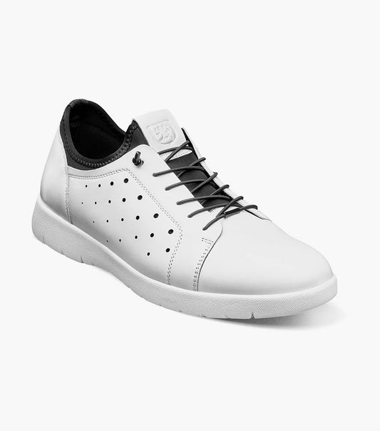 Stacy Adams HALDEN Lace Up Sneaker in white, featuring a perforated side design. It includes a cushioned footbed for enhanced comfort and has black laces along with a black interior lining, displayed against a plain background.