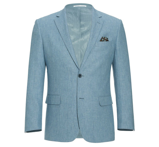 The Alessandro Vitello by Renoir 2-Piece Slim Fit Notch Lapel Solid Suit 201-11 in light blue showcases a stylish design with notched lapels, two buttons, and a patterned pocket square in the chest pocket, making it excellent office wear.