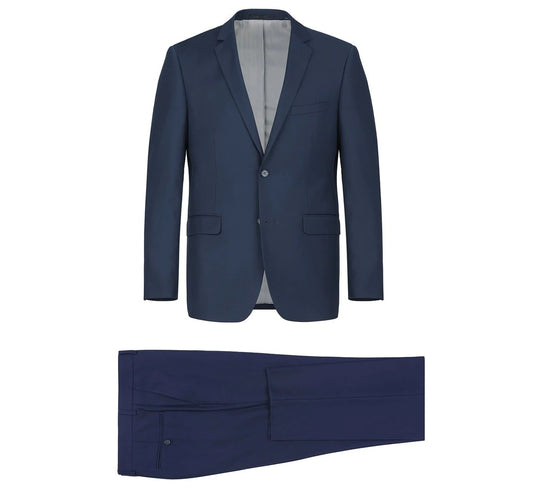 The Alessandro Vitello by Renoir Navy Blue 2-Piece Slim Fit Single Breasted Notch Lapel Suit 201-19 is a men's suit featuring a tailored jacket and matching trousers, presented on a white background.