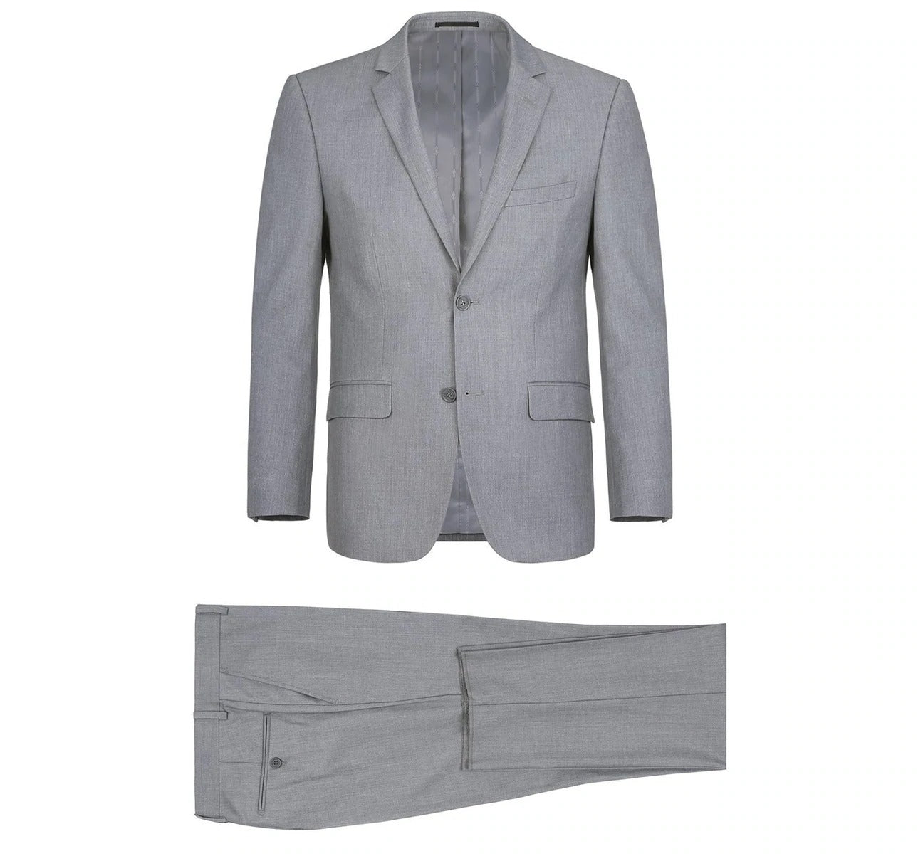 A slim fit men's gray two-piece suit from the Renoir brand, featuring a single-breasted blazer with two buttons and matching trousers, known as the Alessandro Vitello by Renoir 2-Piece Suit 202-2.