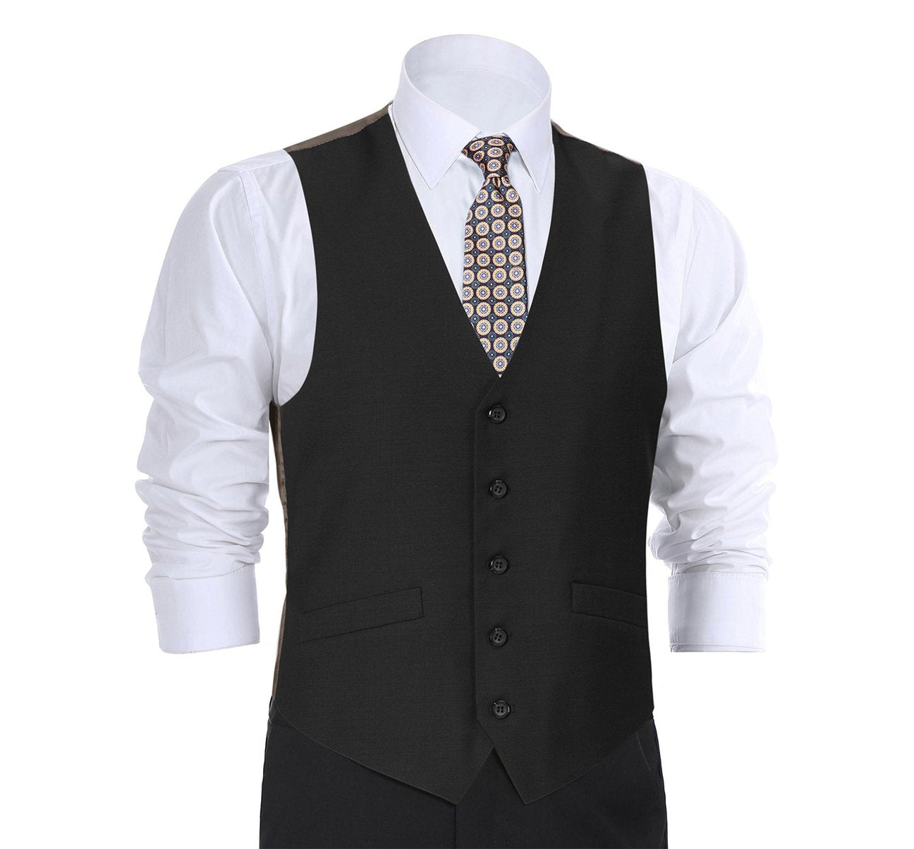 A man in a striped shirt and patterned tie poses confidently with his hands in his pockets, wearing the Alessandro Vitello by Renoir Black Wool Suit Vest, a regular fit dress suit waistcoat.