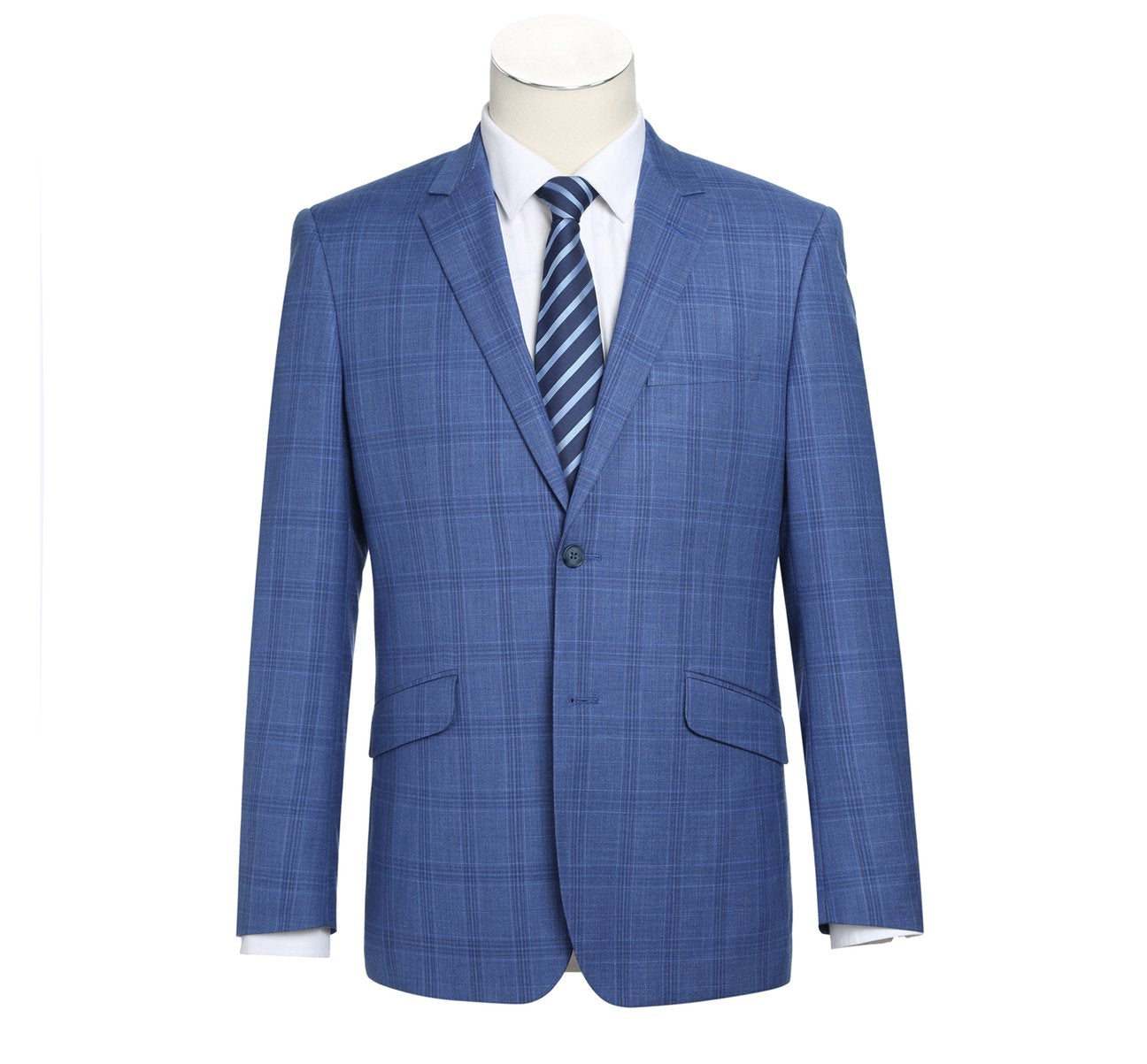 Displayed on a mannequin is the Alessandro Vitello by Renoir Blue 2-Piece Slim Fit Windowpane Check Dress Stretch Suit, model 293-10, complemented by a white dress shirt and a blue striped tie. Ideal for special occasions, this outfit seamlessly blends style and elegance.